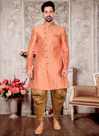 Peach Reception Fancy Fabric Indo Western Sherwani