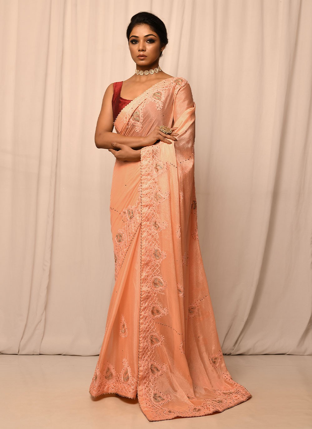 Most Demanding Designer Heavy Party Wear Lycra Peach Saree with Raw Silk  Blouse