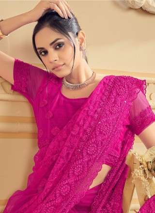 Pearls Net Contemporary Saree in Rani