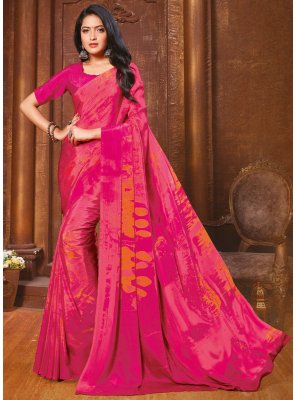 Pink Abstract Print Faux Crepe Trendy Saree