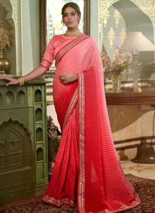 Pink and Red Festival Chinon Contemporary Saree