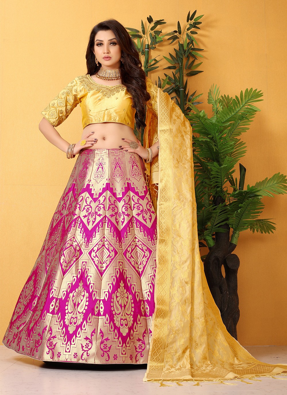 Yellow, Blue & Pink With Gold Embroidery Lehenga