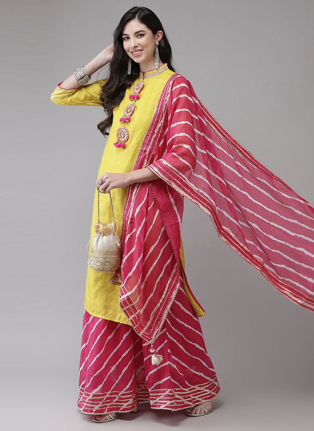 Pink and Yellow Festival Blended Cotton Designer Palazzo Suit