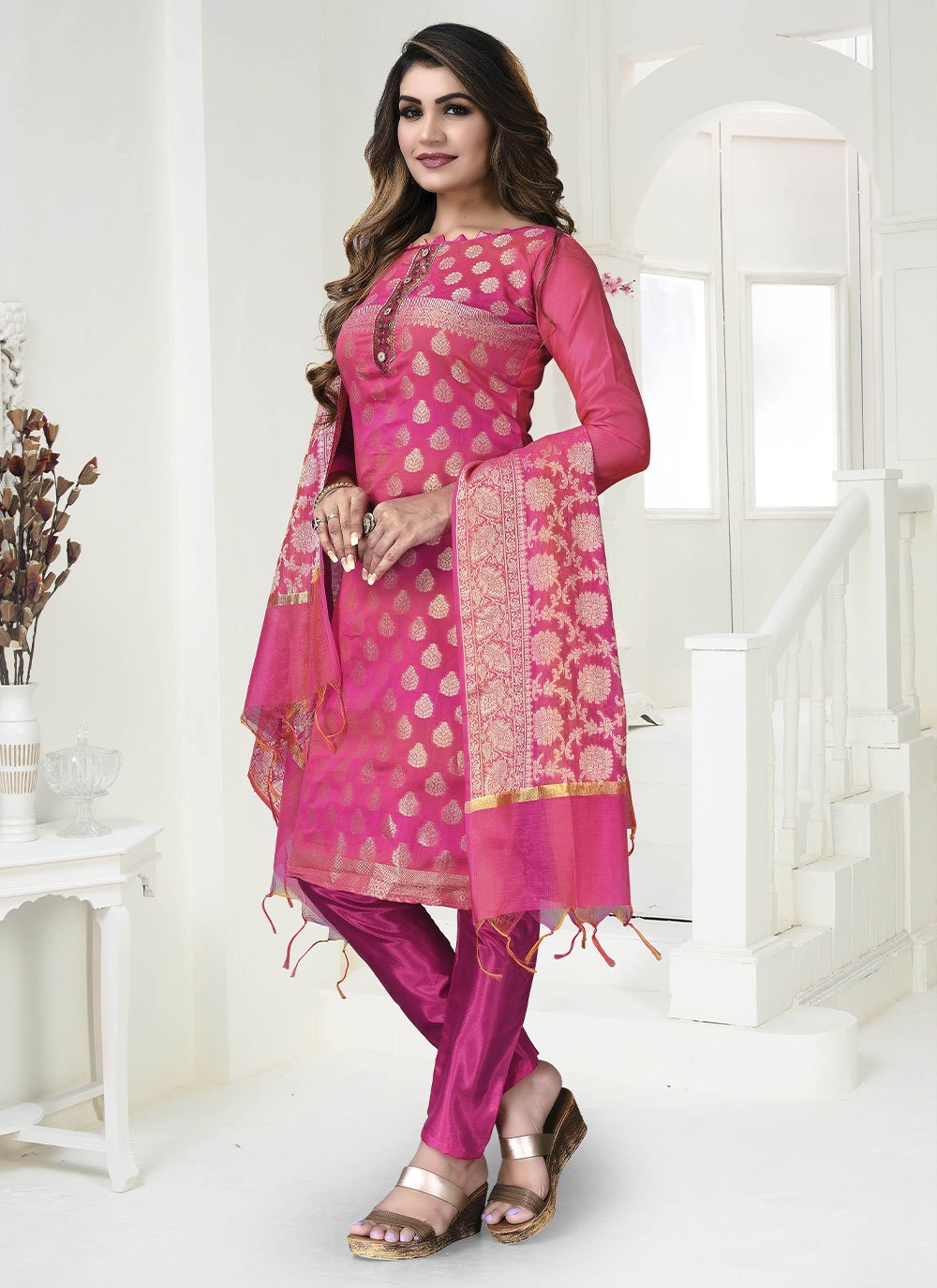 Pink Banarasi Jacquard Party Trendy Salwar Suit