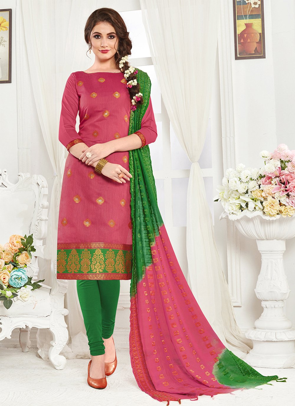 Pink Banarasi Silk Pakistani Straight Suit