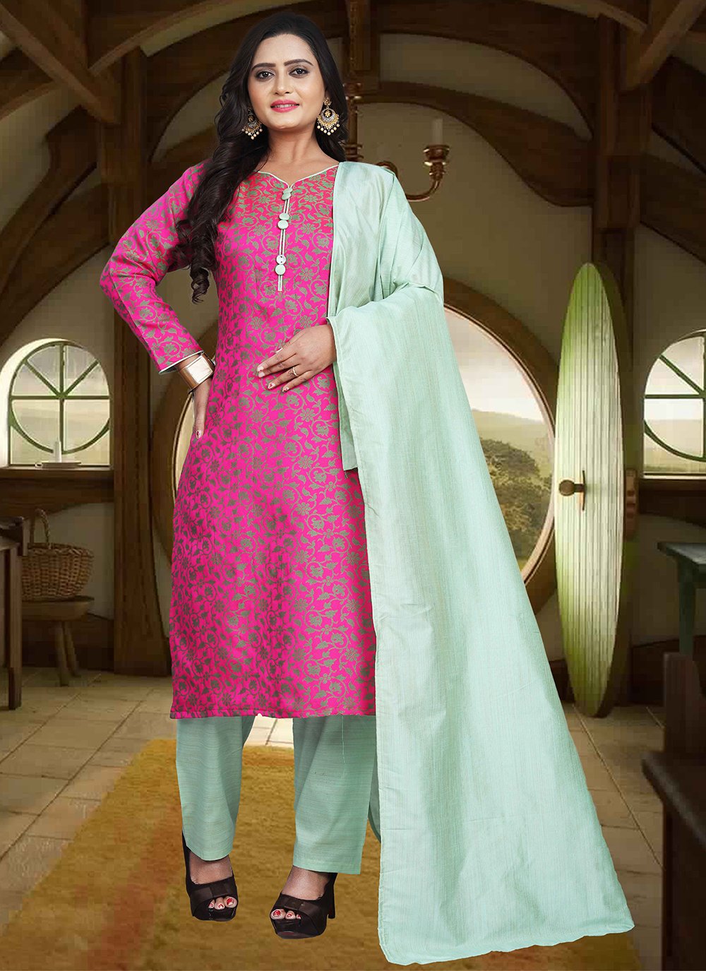 Pink Banarasi Silk Salwar Suit