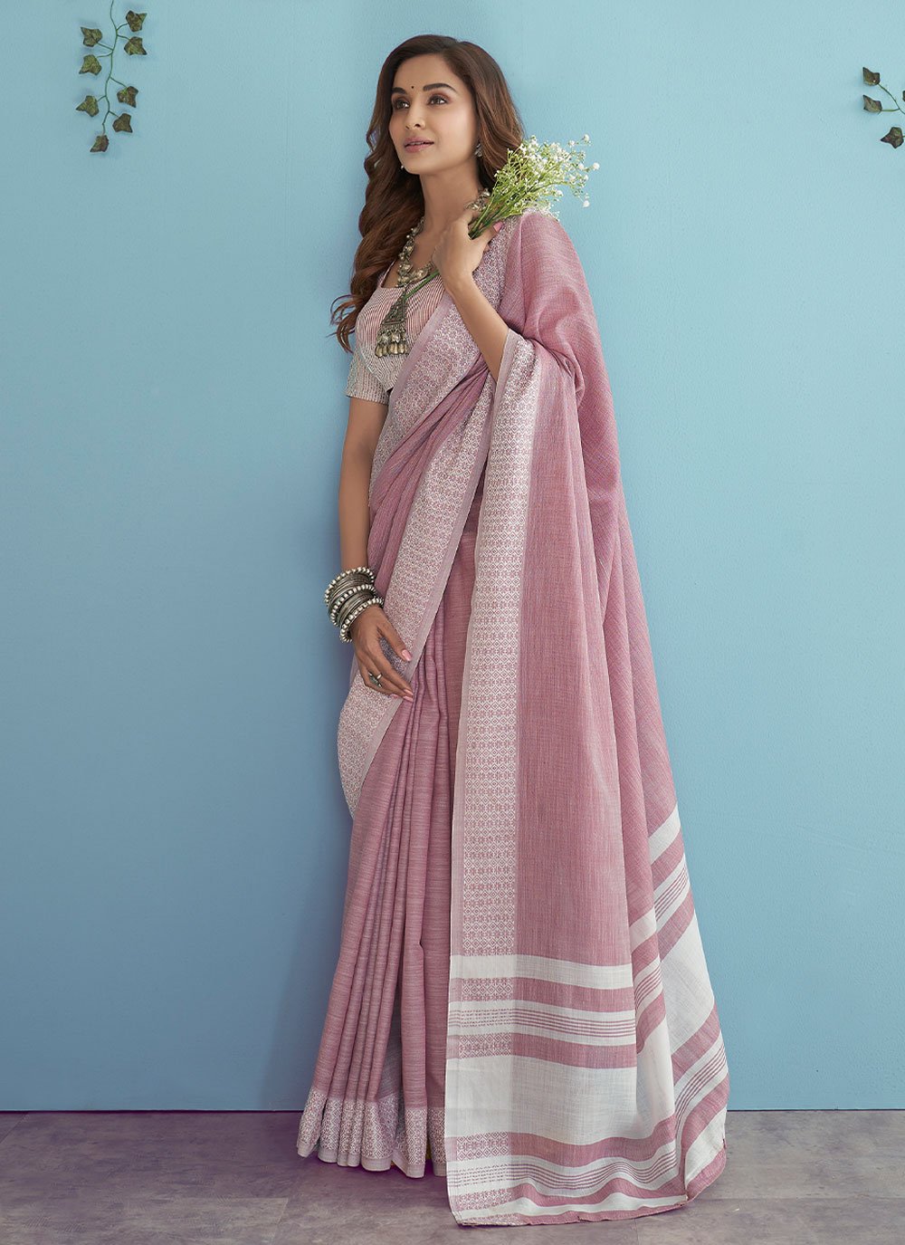Pink Casual Linen Traditional Saree