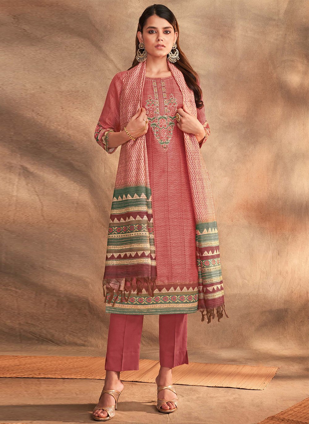 Pink Chanderi Silk Festival Pant Style Suit