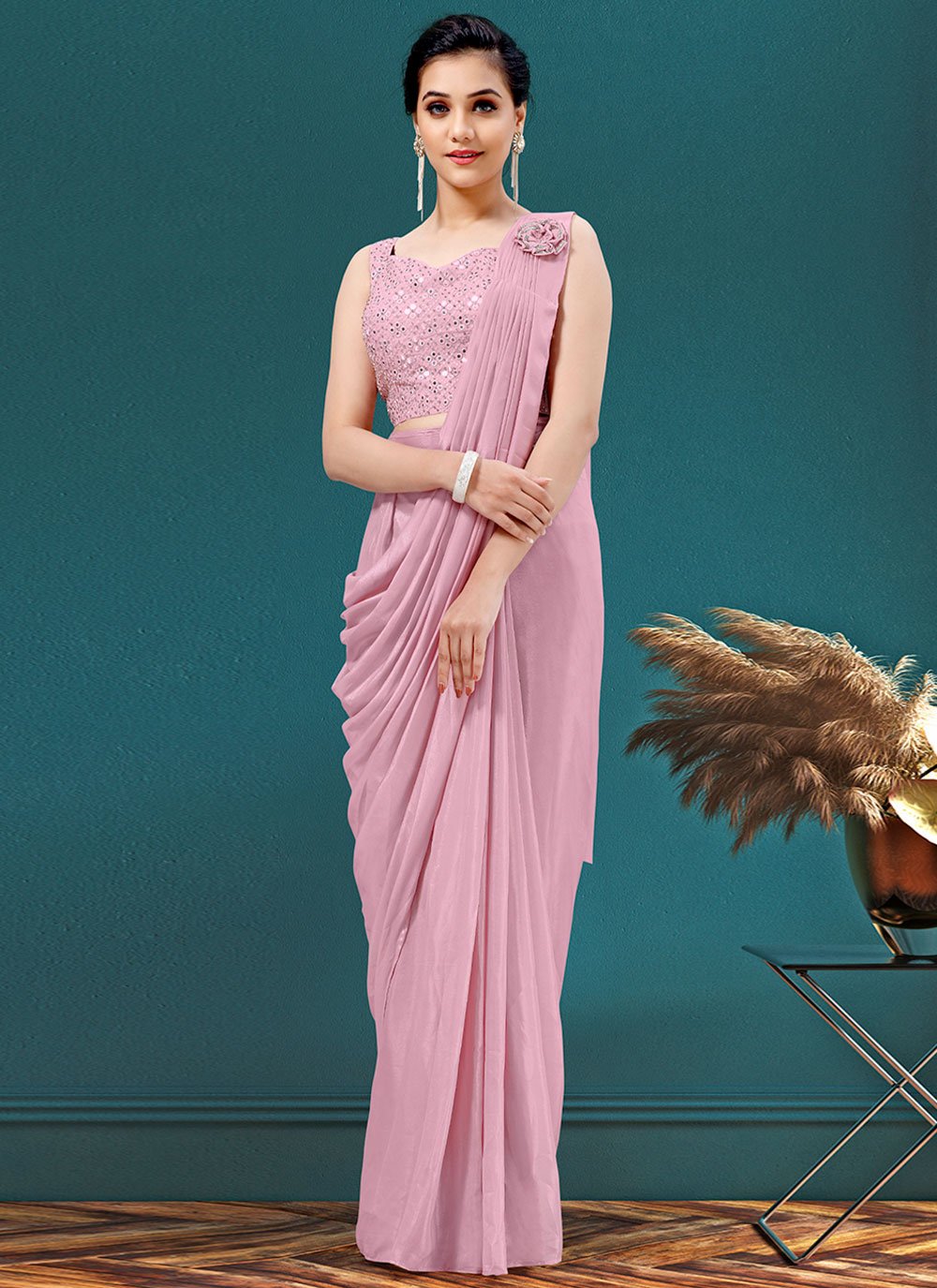 Buy Pink Lycra Embroidered Designer Ready Pleated Saree Online