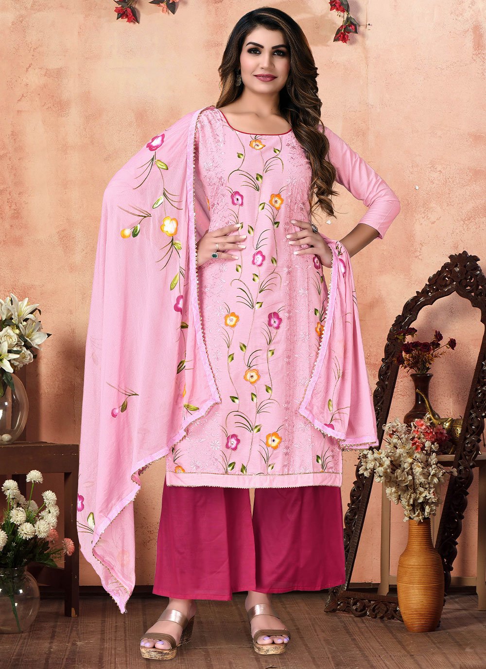 Pink Cotton Embroidered Salwar Suit