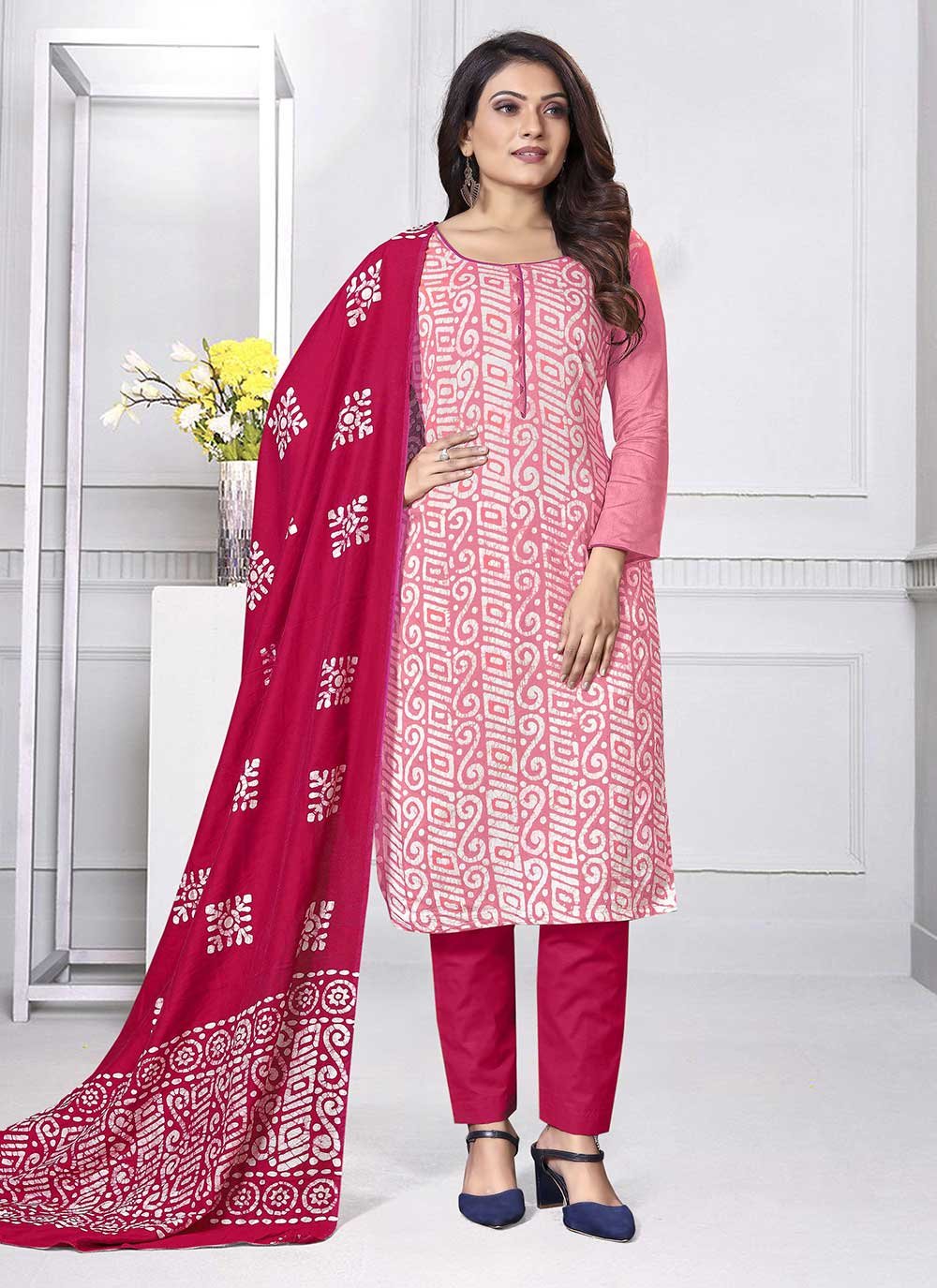 Buy Indian beautiful pink printed cotton pant dress