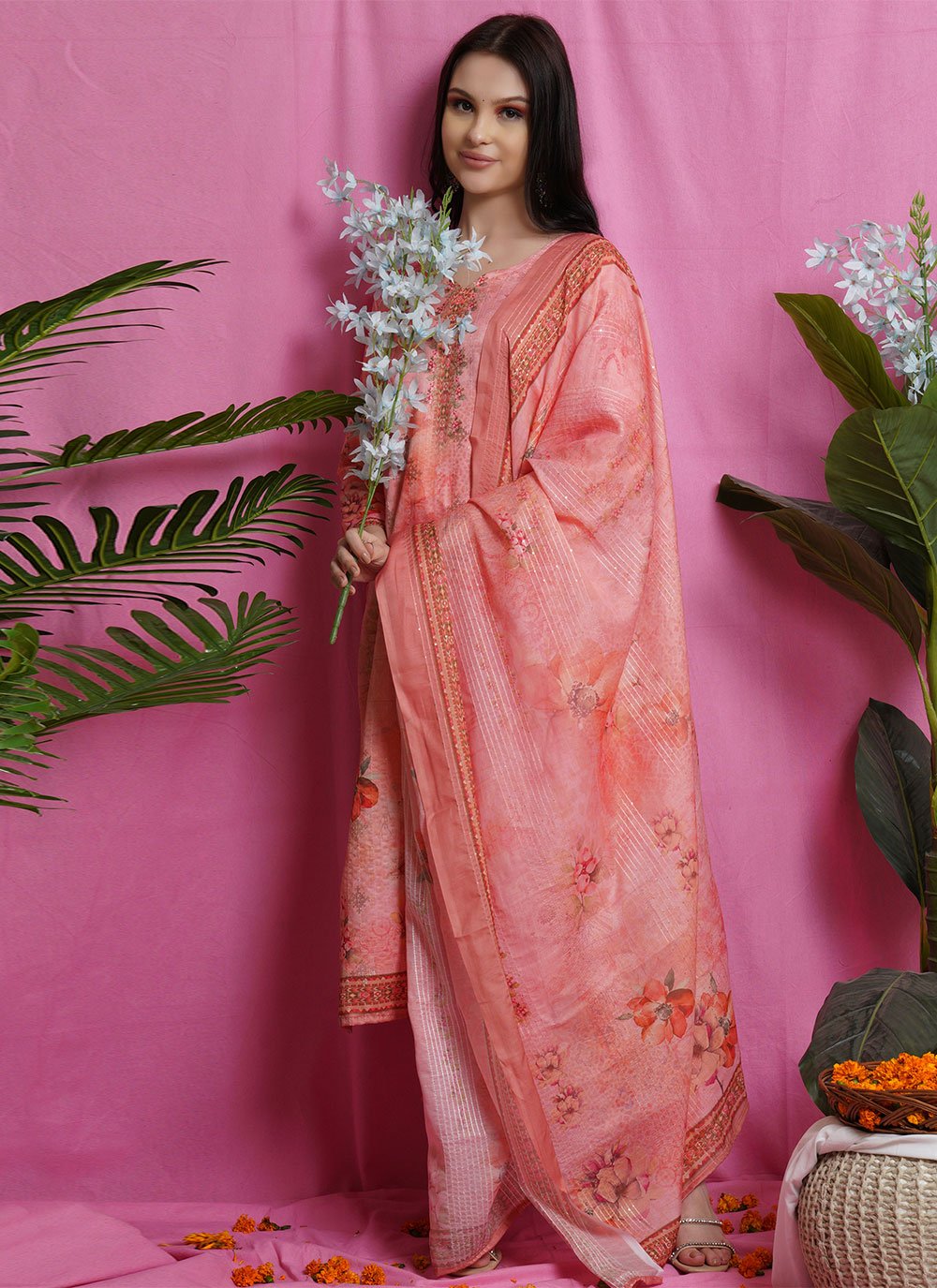 Pink Digital Print Satin Straight Salwar Suit