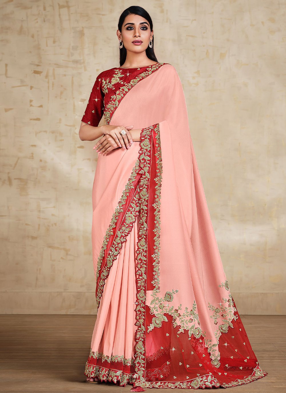 Pink Embroidered Contemporary Saree