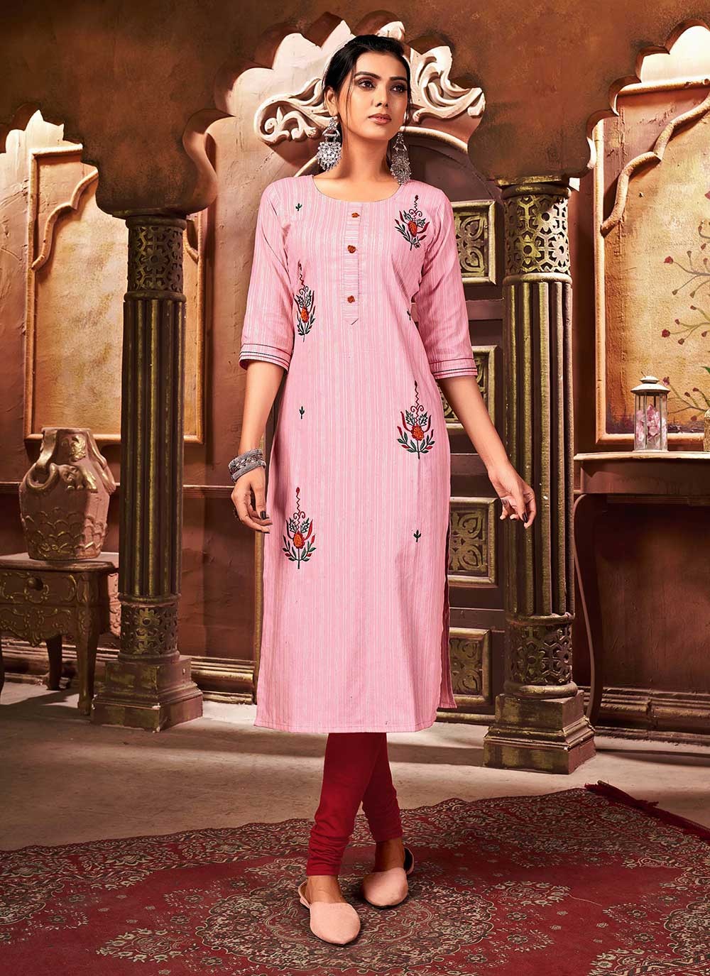 Pink Embroidered Cotton Party Wear Kurti