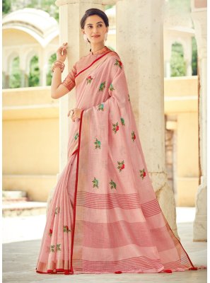 Pink Embroidered Linen Classic Designer Saree