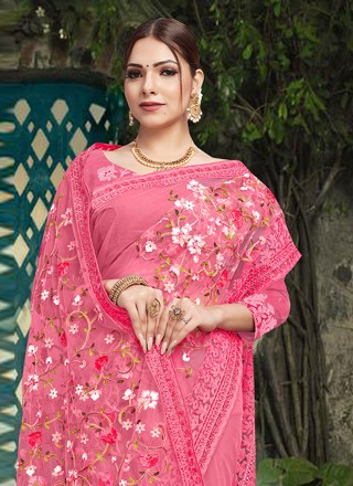 Pink Embroidered Net Trendy Saree