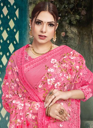 Pink Embroidered Net Trendy Saree