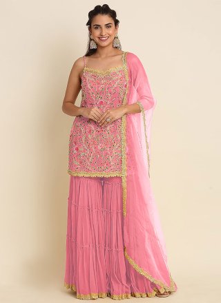 Pink Embroidered Party Palazzo Salwar Kameez