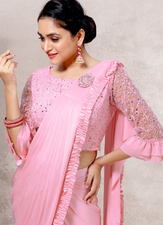 Pink Embroidered Ready Pleated Saree