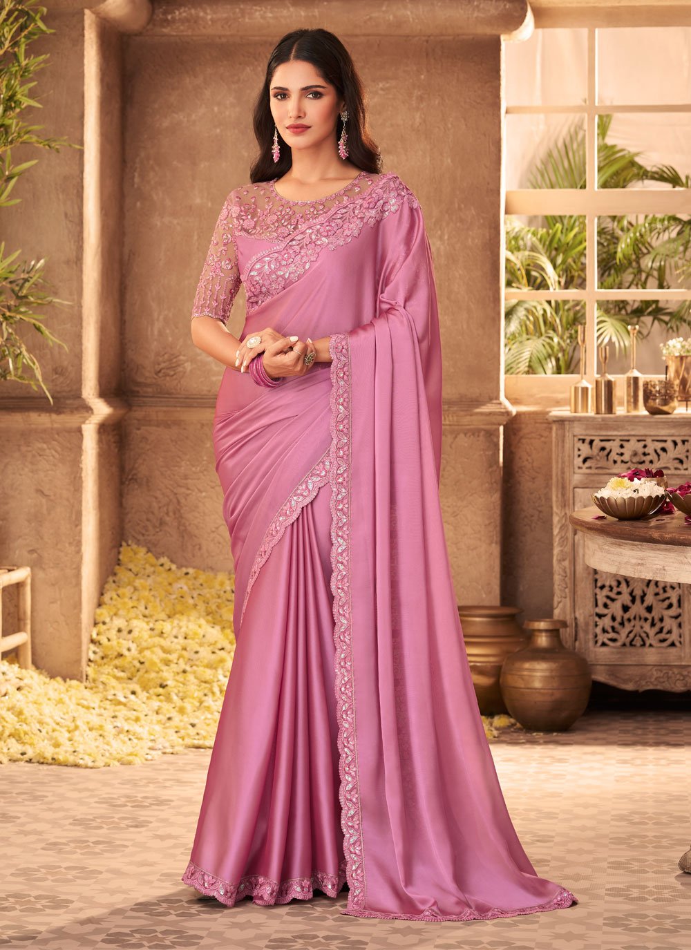 Pink Embroidered Traditional Designer Saree