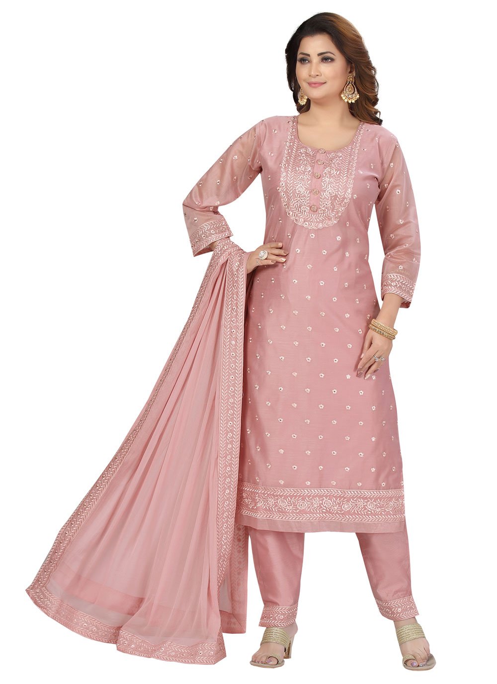 Pink Fancy Chanderi Designer Straight Suit