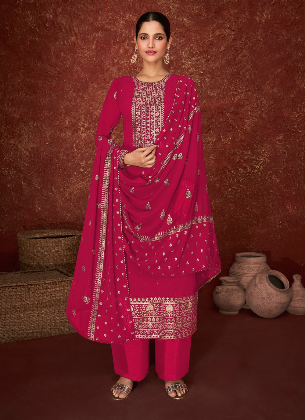 Pink Faux Georgette Embroidered Designer Pakistani Salwar Suit