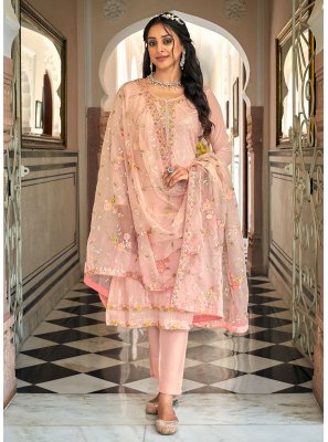 Pink Faux Georgette Embroidered Pant Style Suit