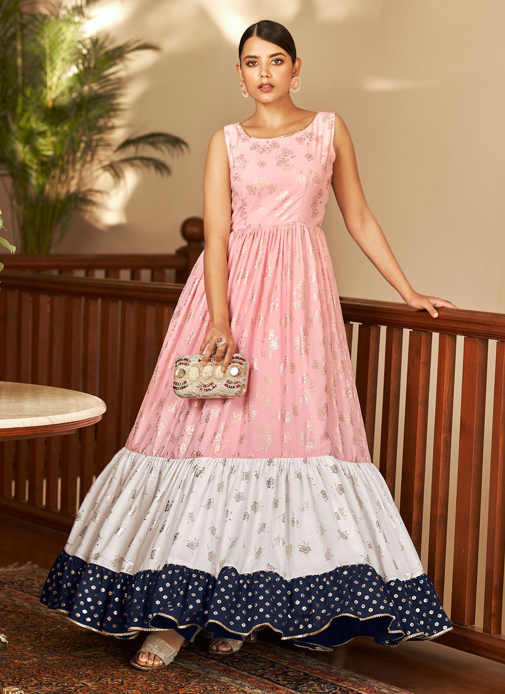 Pink Faux Georgette Foil Print Designer Gown
