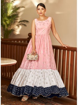 Pink Faux Georgette Foil Print Designer Gown