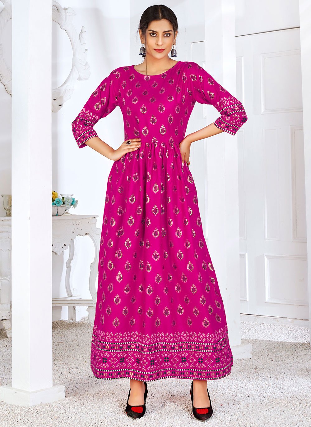 Pink Foil Print Rayon Readymade Gown