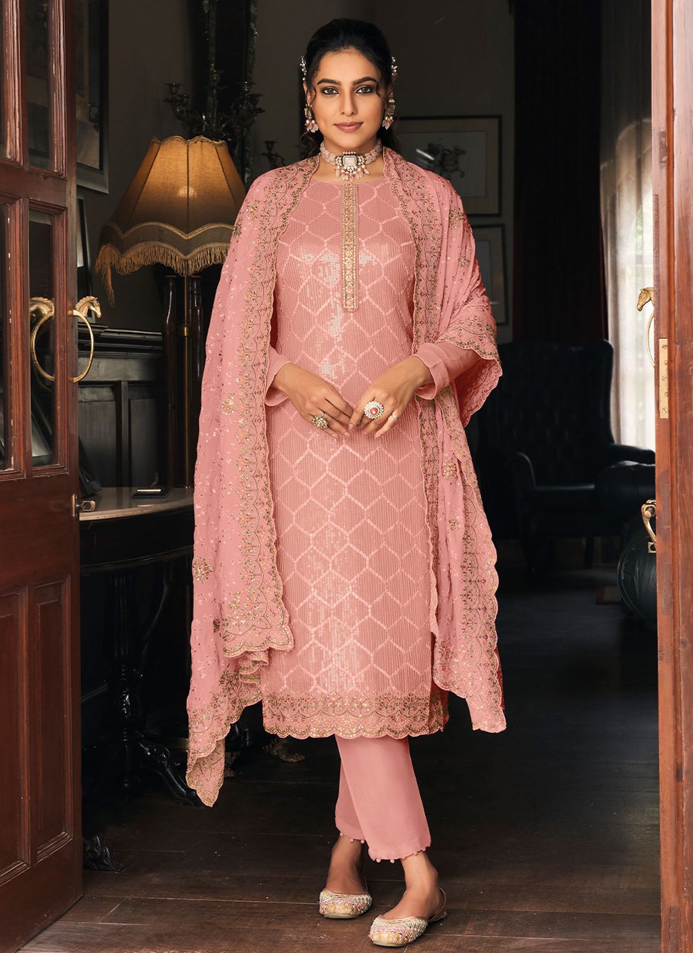 Pink Georgette Festival Pant Style Suit