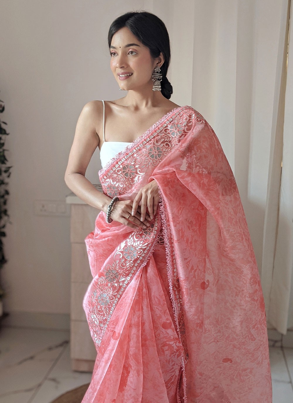 Buy Pink Gota Work Organza Contemporary Saree Online : 236436