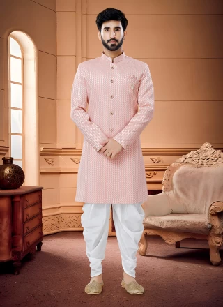 Pink Jacquard Silk Indo Western Sherwani