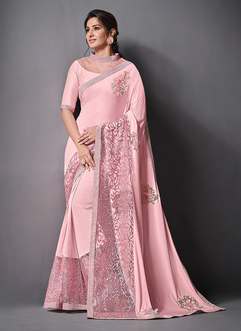 Pink Lycra Ceremonial Trendy Saree