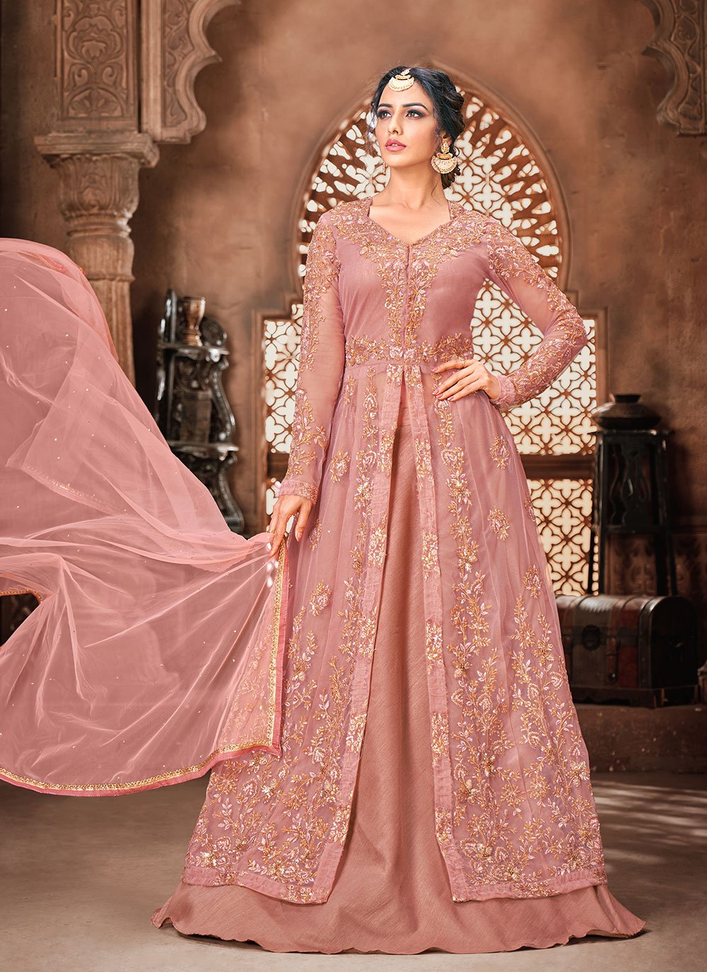 Pink Banglori Silk Long Choli Lehenga For Sangeet