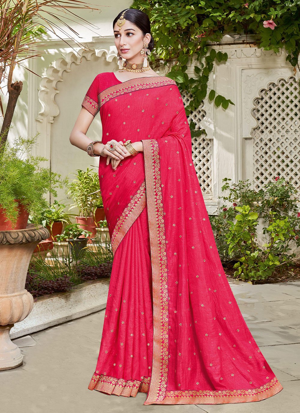 Pink Colour Vichitra Silk heavy work Saree - Teeya Creation - 4215200