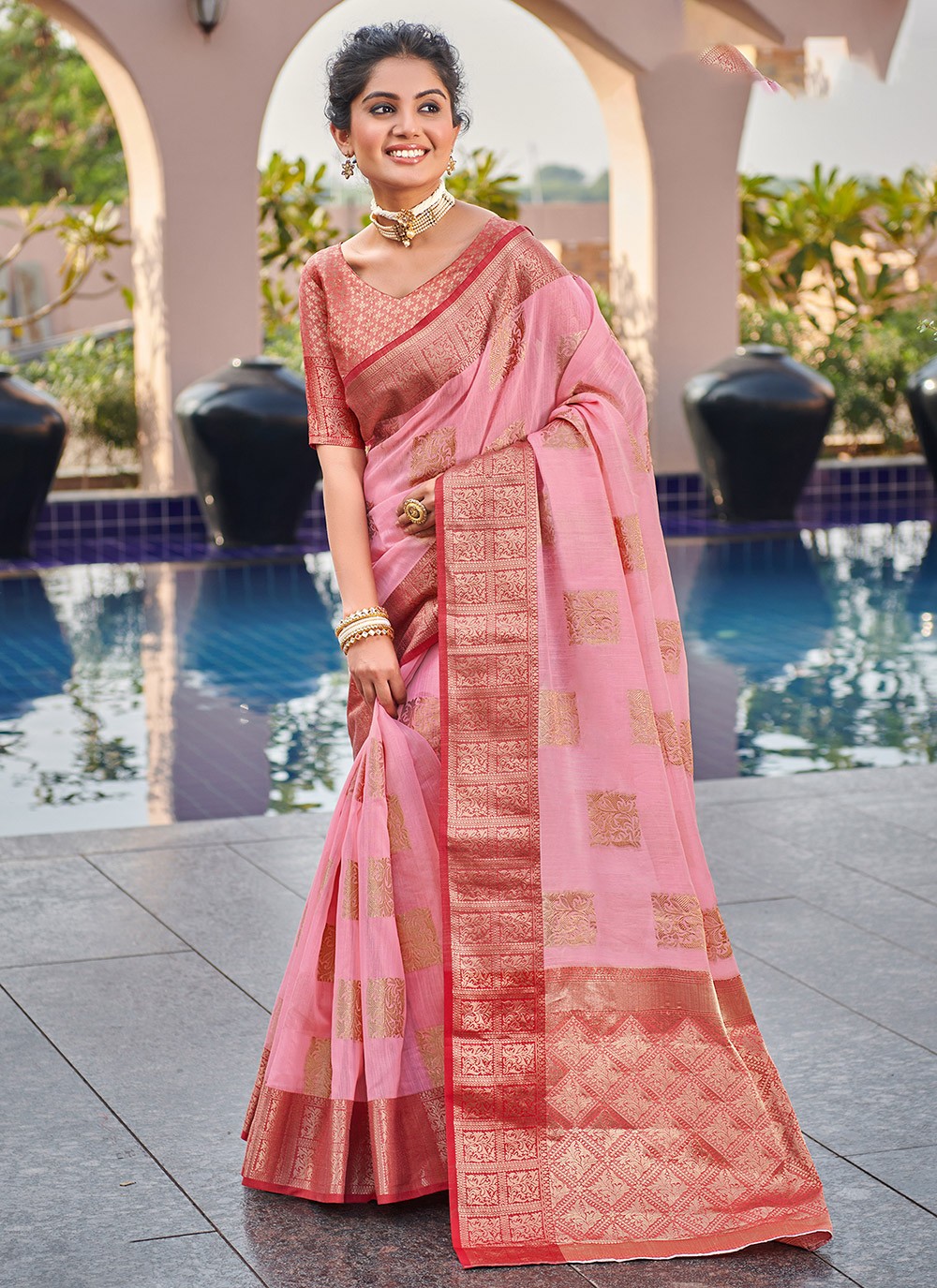 Pink Weaving Linen Classic Designer Saree