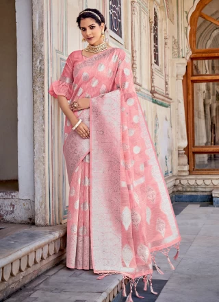 Pink Weaving Linen Traditional Saree