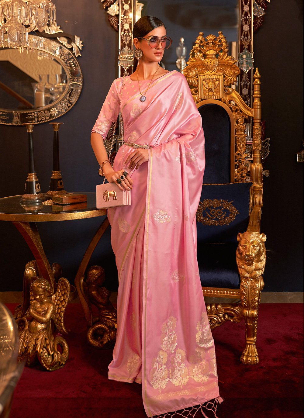 Pink Weaving Satin Traditional Designer Saree
