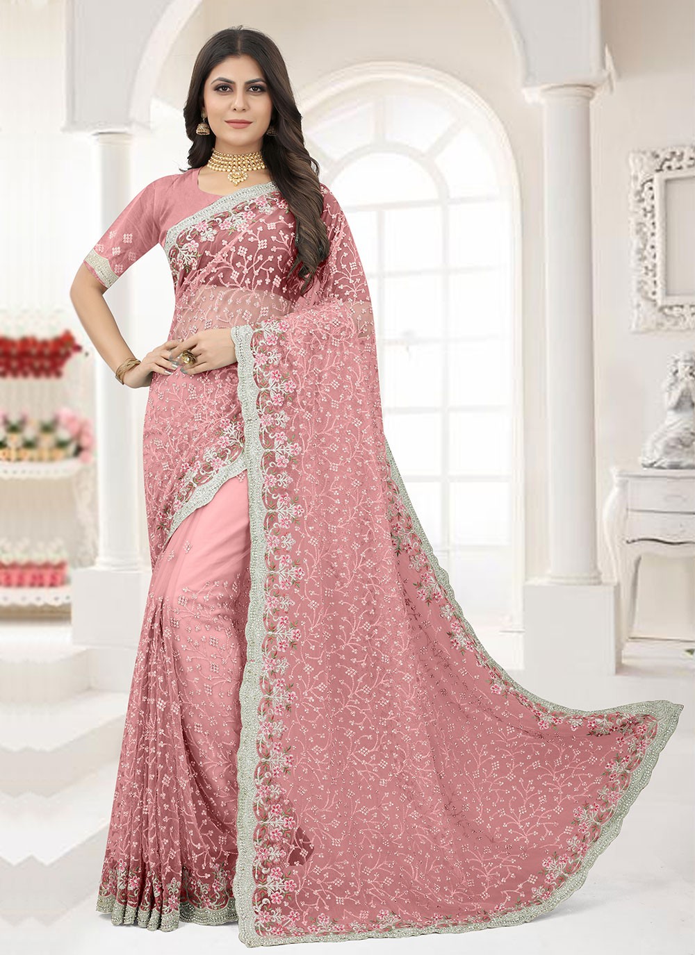 Pink Zari Net Traditional Designer Saree