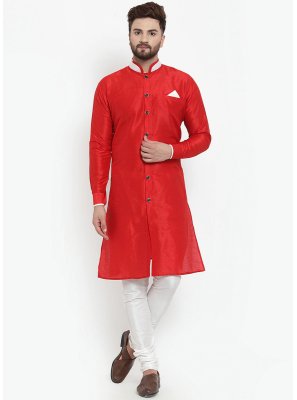 Plain Banarasi Silk Kurta Pyjama in Red