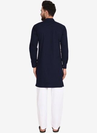 Plain Blended Cotton Indo Western in Navy Blue