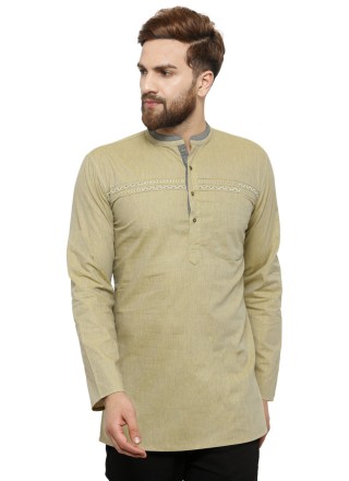 Plain Blended Cotton Short Kurta in Khaki