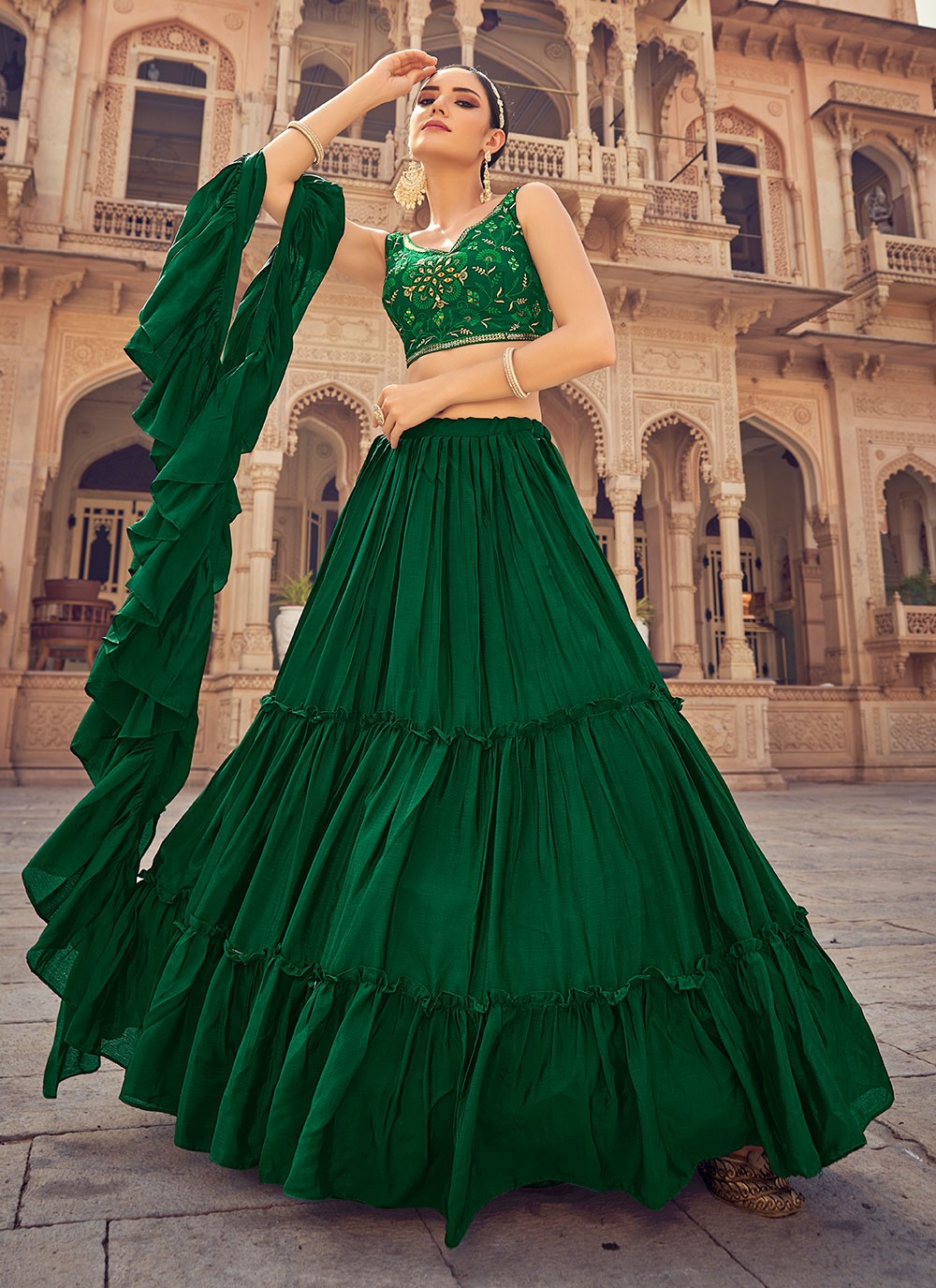 Net Embroidery Lehenga Style Gown In Mint Green Colour