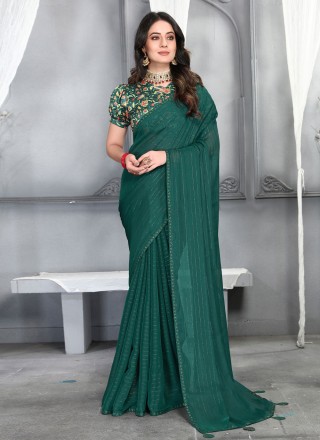 Trendy and Beautiful Plain Solid Green Saree For Women