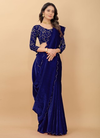 Plain Velvet Contemporary Style Saree in Navy Blue