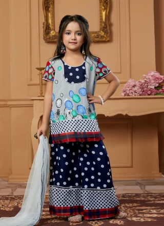 Polka Dotted Work Faux Georgette Blue and Grey Sharara Set