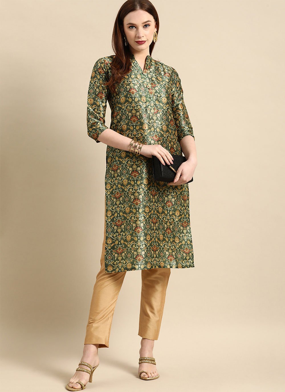 Buy Online Print Chanderi Party Wear Kurti in Green : 217702 -