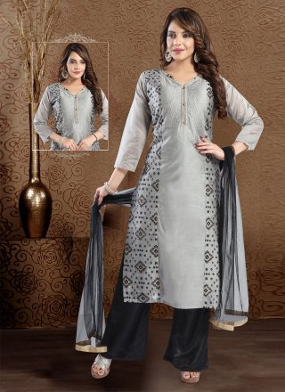 Print Chanderi Silk Grey Readymade Salwar Suit