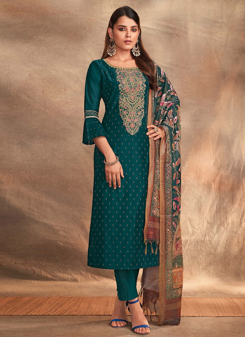 Print Chanderi Silk Pant Style Suit in Green